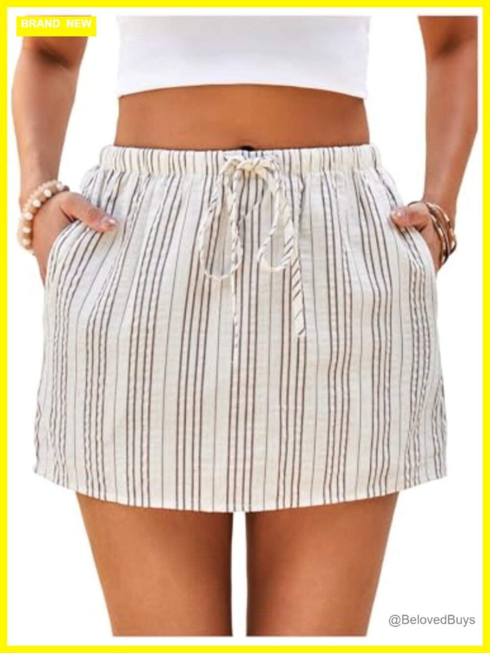 Striped Drawstring Waist Skort with Pockets - Loose Fit Casual Summer Shorts